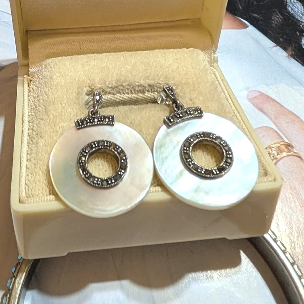 Antique Art Deco Mother of Pearl Marcasite Sterling Silver Bullseye Earrings